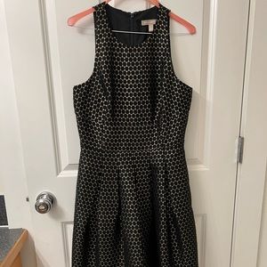 Banana Republic Fit and Flare Racerback Dress in Gold & Black Geometric Brocade